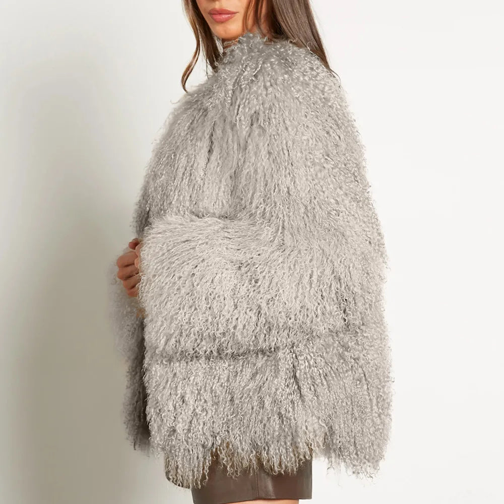 Pelliccia riccia Quatyr Giacca in eco pelliccia mongolia effetto pelo lungo riccio
