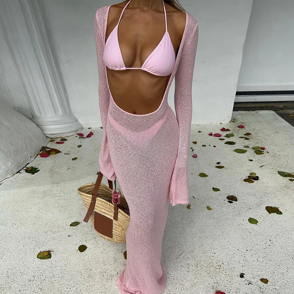 Abito copricostume traforato Lovpi — rosa retro su modella | Dream Shop