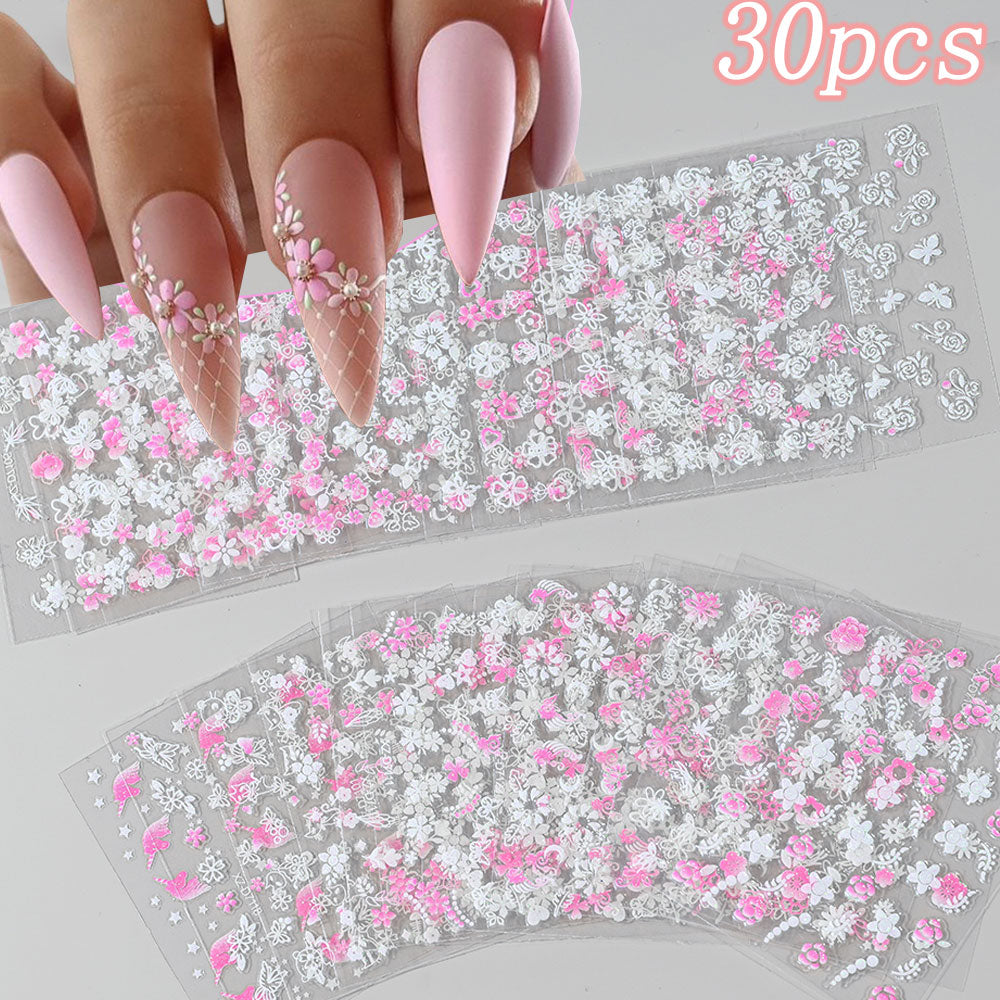 3D flower nail stickers pink and white flowers 30 sheets variant — Dream Shop