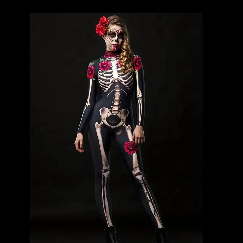 Tuta donna Dolce Muerte scheletro con rose rosse vista frontale su modella — Dream Shop