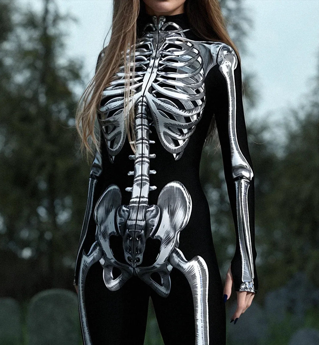 Tuta donna scheletro Halloween dettaglio stampa argento su modella — Dream Shop