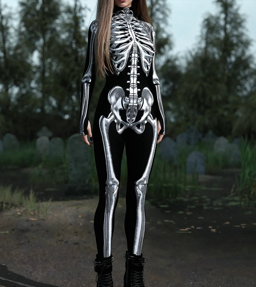 Tuta donna scheletro Halloween vista frontale intera su modella — Dream Shop