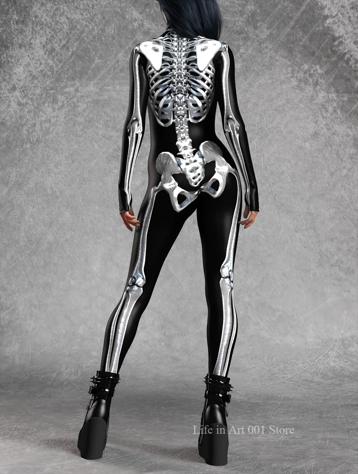 Tuta donna scheletro Halloween vista posteriore con colonna vertebrale — Dream Shop