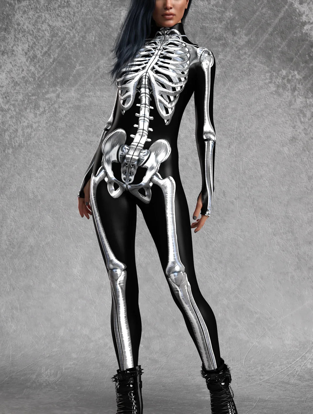 Tuta donna scheletro Halloween look completo con stivali su modella — Dream Shop