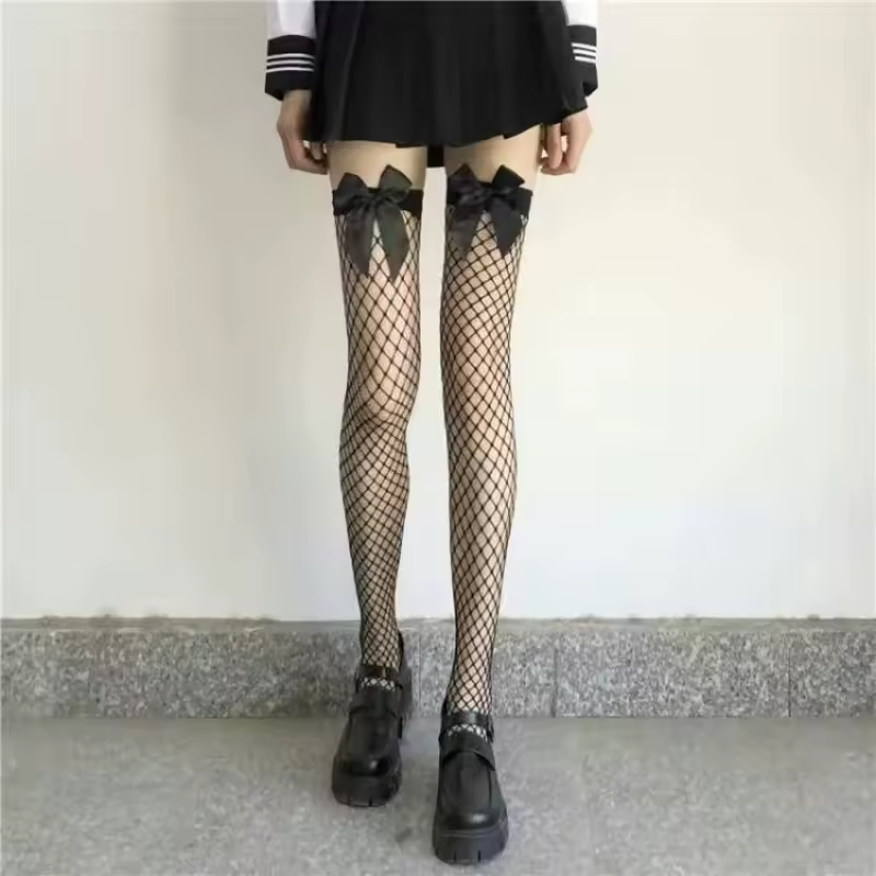 Calze a rete Puresire nere con fiocco nero stile scolaretta | Dream Shop