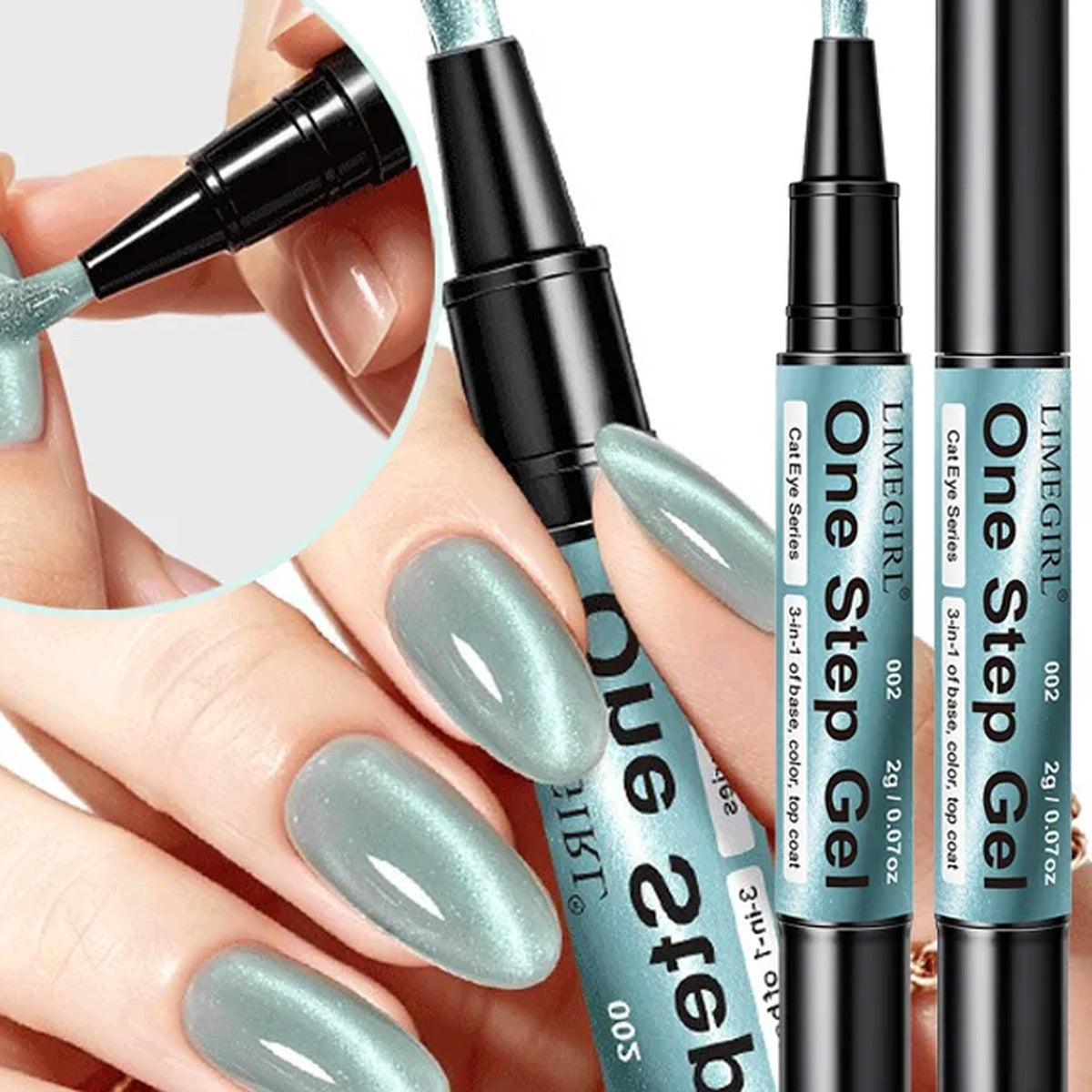 Cat Eye gel nail polish pen in pearly aqua green on almond nails | Dream Shop