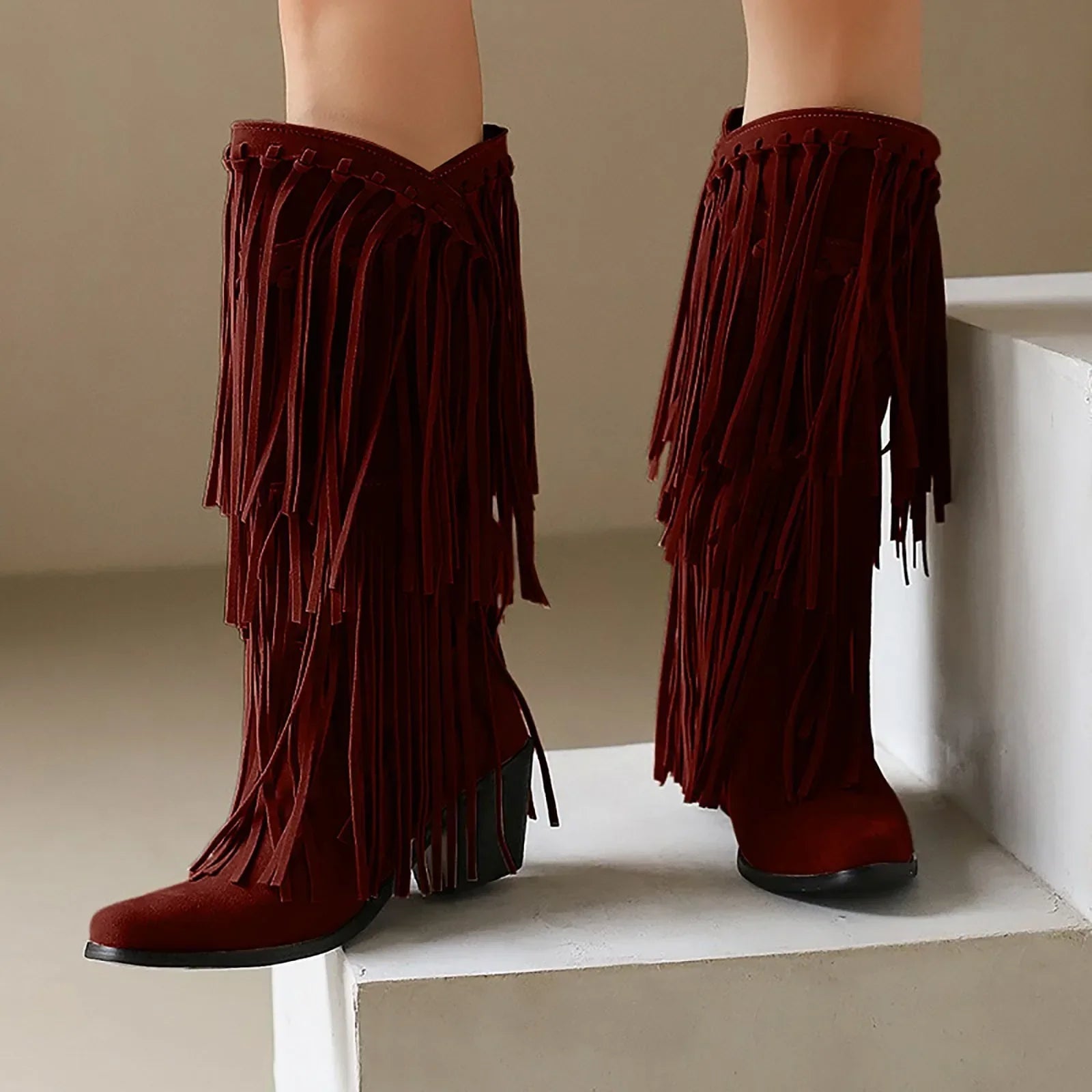 Stivali Texani Dakar con frange — Rosso | Dream Shop