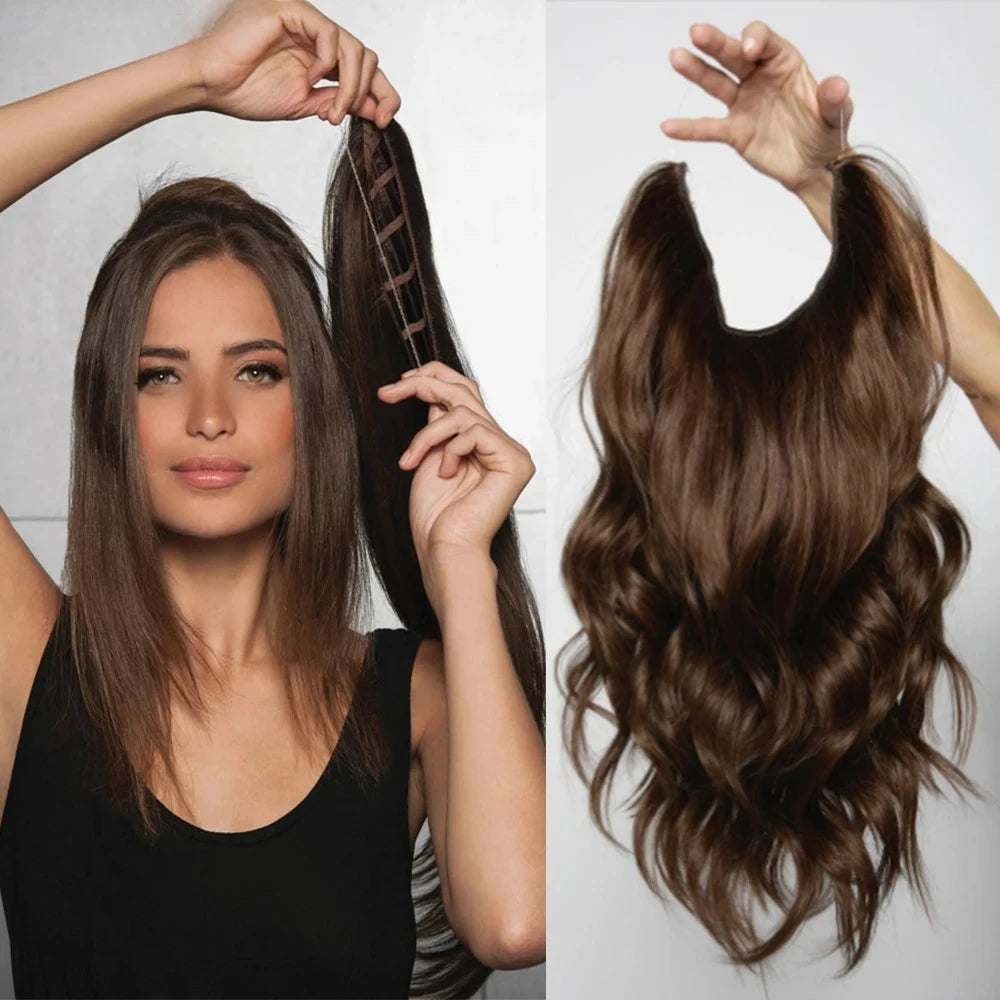Extensión de pelo con clip ondulada puesta en modelo vista frontal | Dream Shop