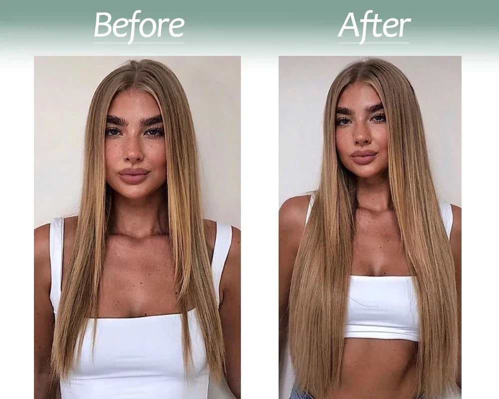 Clip-in hair extension before and after blonde hair | Dream Shop