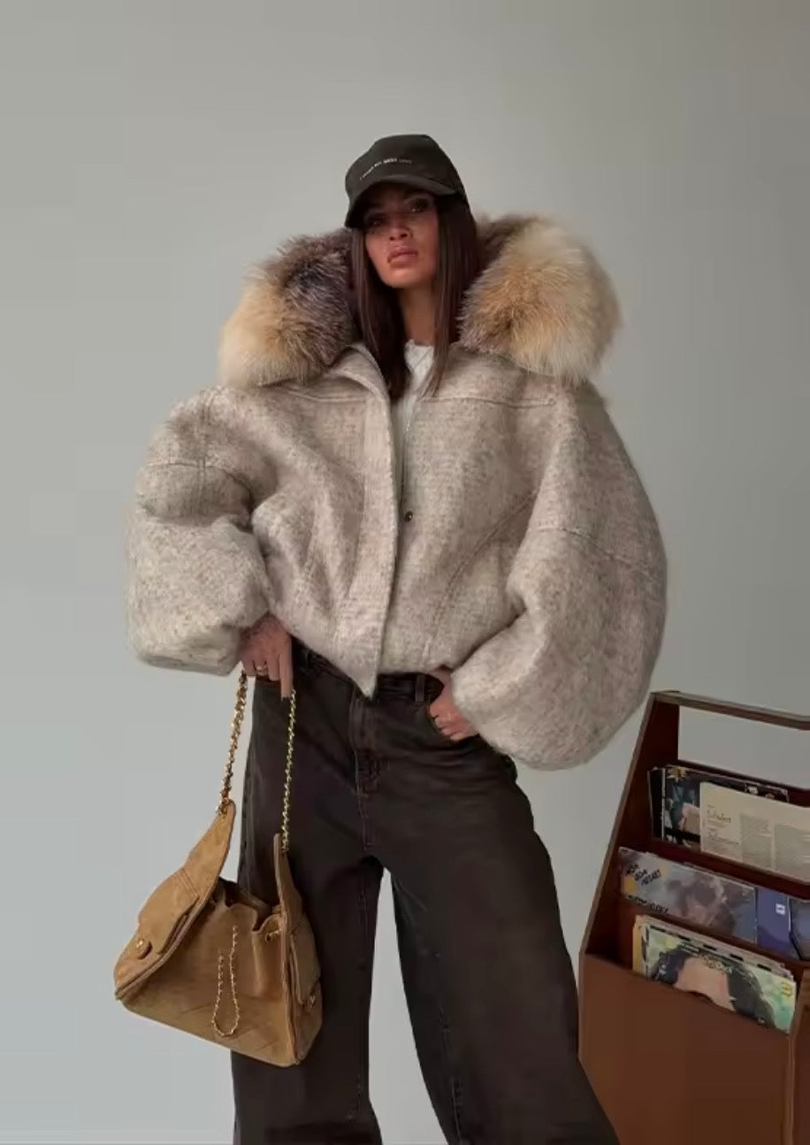 Parka corto in lana con maxi collo ecopelliccia - Kagrika