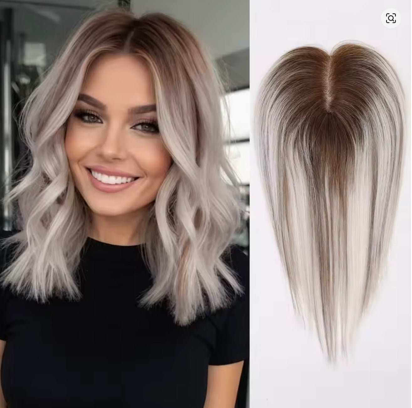 Taupe Topper in capelli veri con base in seta e clip