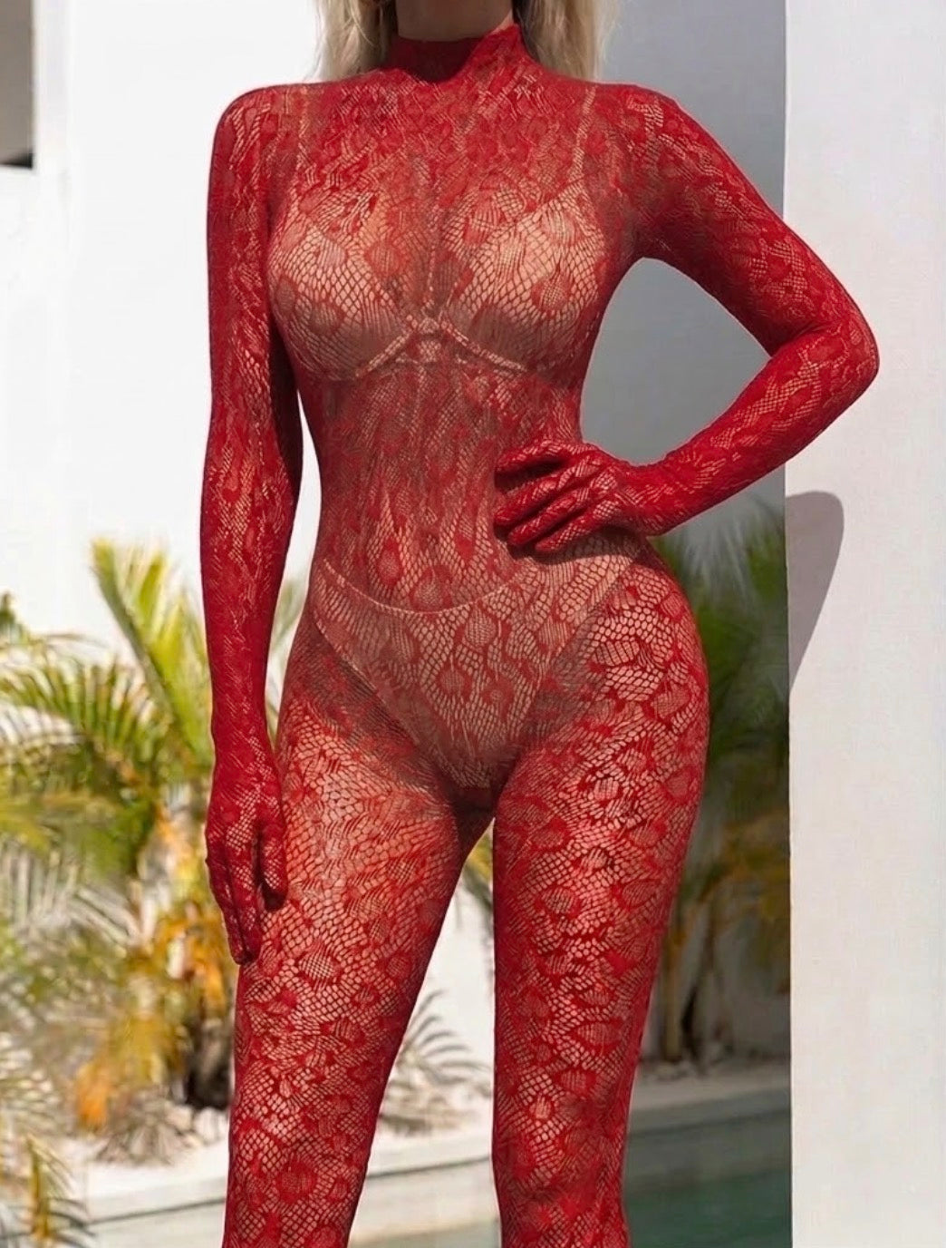 Catsuit Pizzo Ladyh con manica lunga, colletto alto e guantini Leopard