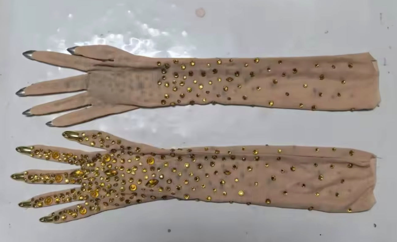 Guanti Lunghi Tulle Invisibile con Cristalli Luminosi e Unghie Gioiello