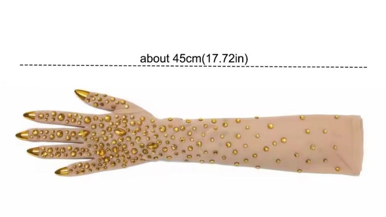 Guanti Lunghi Tulle Invisibile con Cristalli Luminosi e Unghie Gioiello