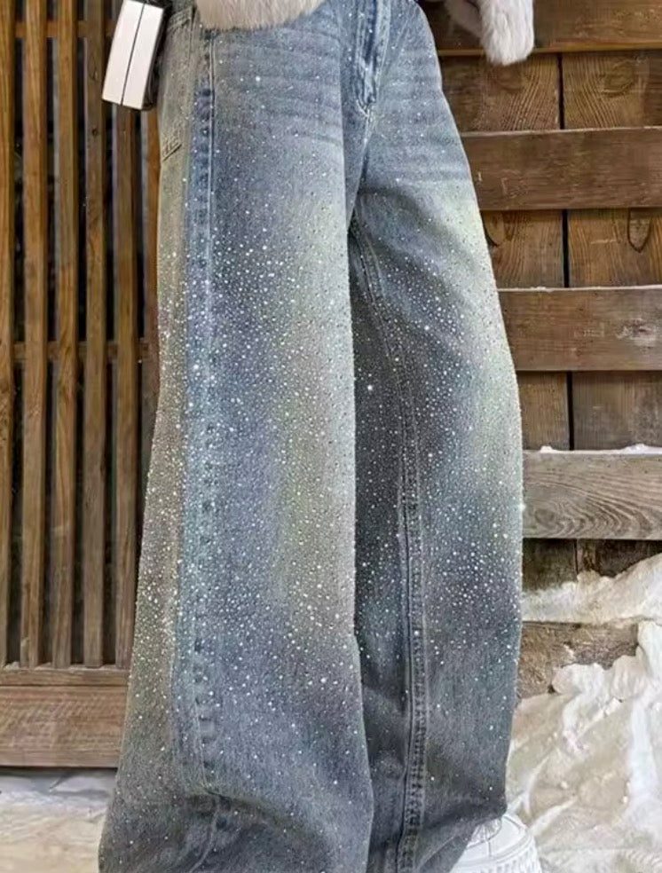 Jeans Donna Baggy a Gamba Larga con Cristalli e Lavaggio Sfumato
