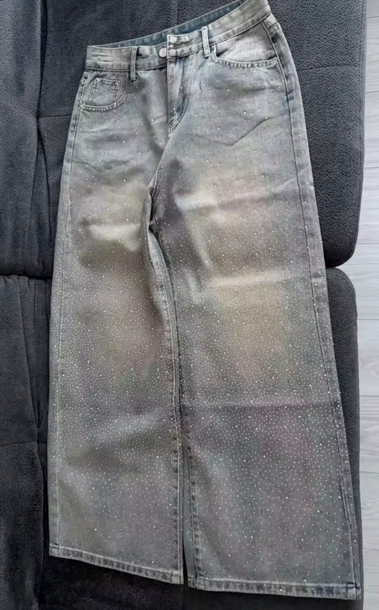 Jeans Donna Baggy a Gamba Larga con Cristalli e Lavaggio Sfumato