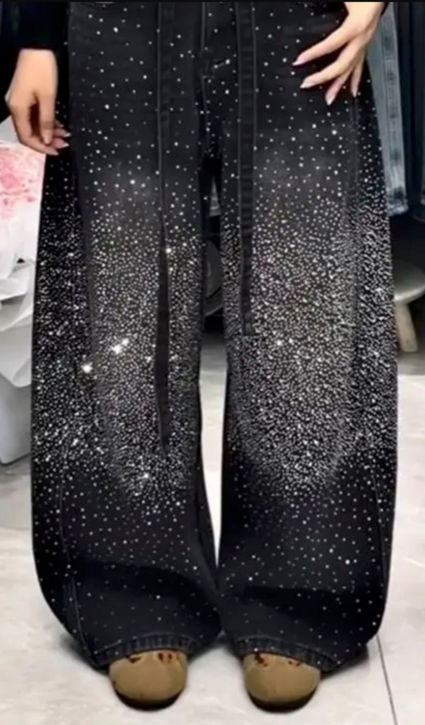 Jeans Baggy Donna Constellations a Gamba Larga con Strass All-Over