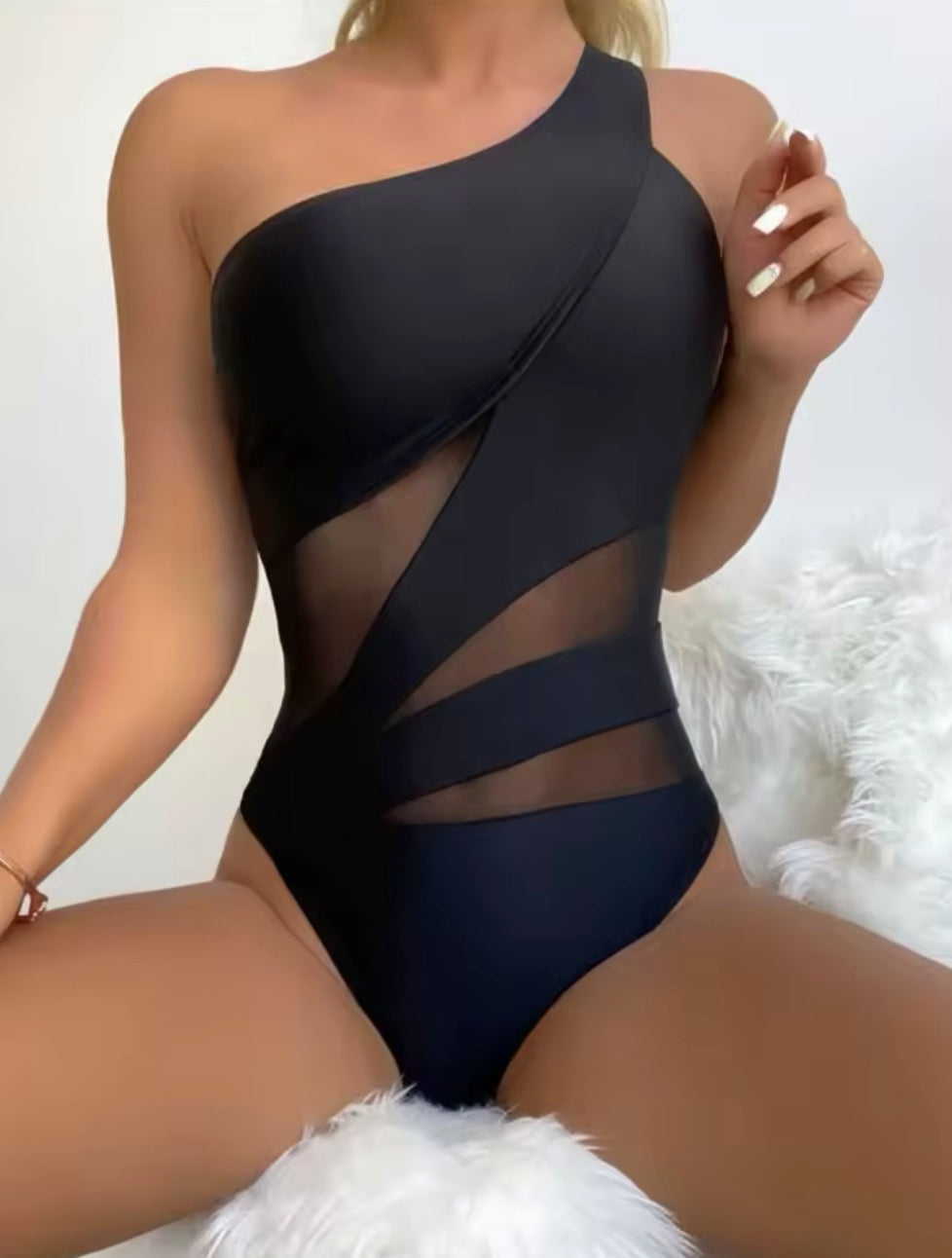 Monokini-body in lycra e tulle effetto nude look
