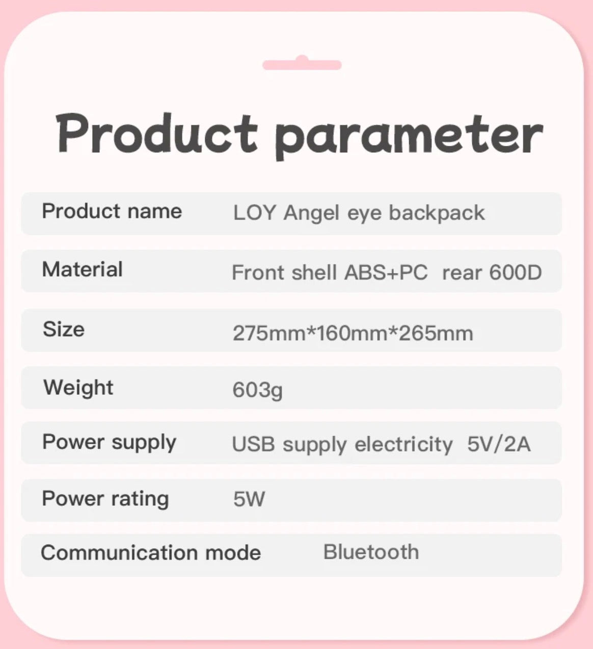 Zaino LED Angel Eye scheda tecnica dimensioni e alimentazione | Dream Shop