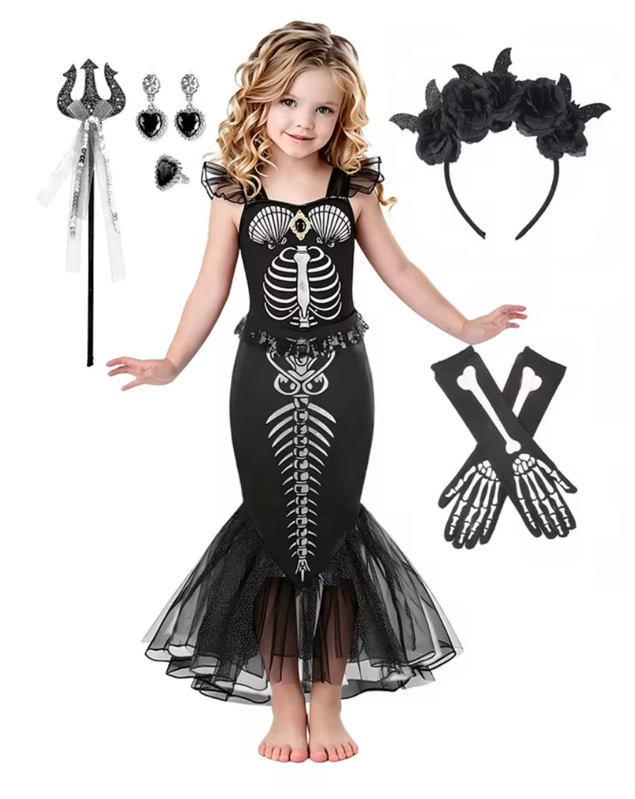 Costume sirena scheletro bambina 
Abito a coda nero Halloween