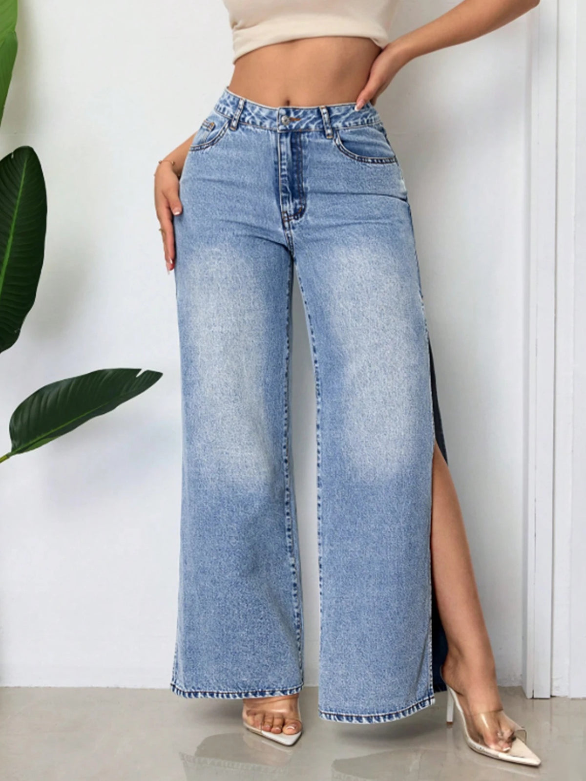 Kaleya Side Slit Jeans front view, wide leg high waist | Dream Shop