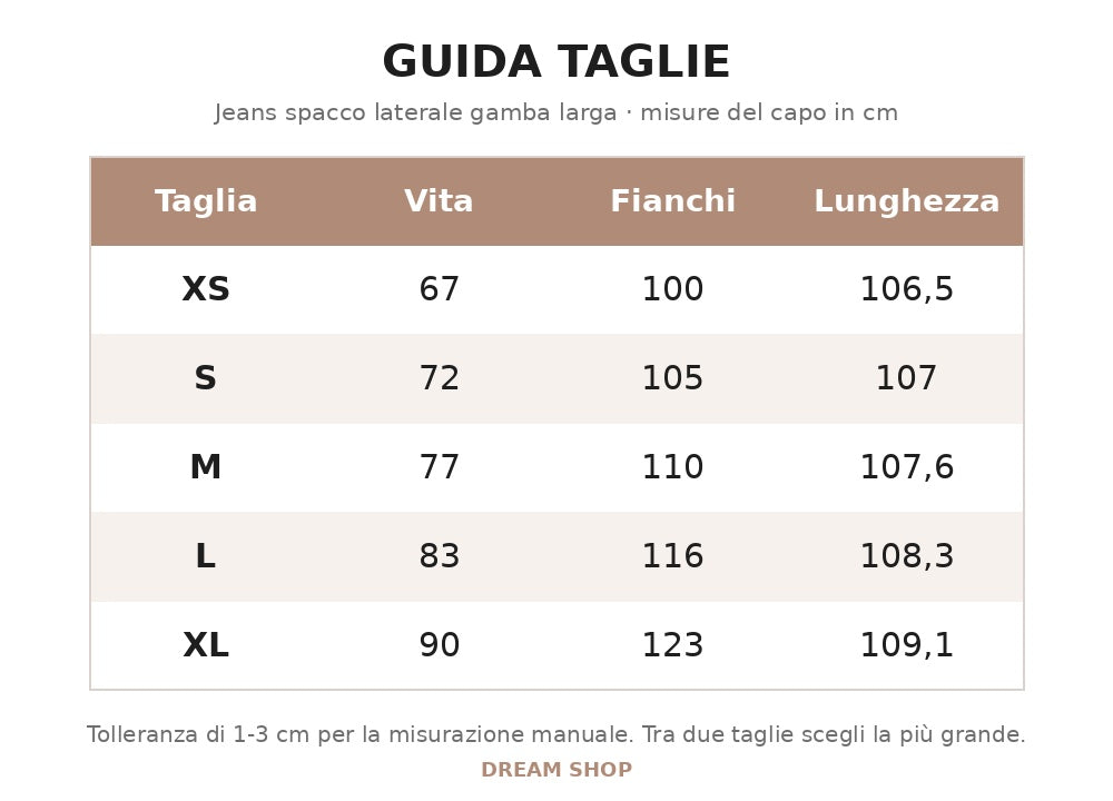 Tabella taglie Jeans spacco laterale Kaleya | Dream Shop