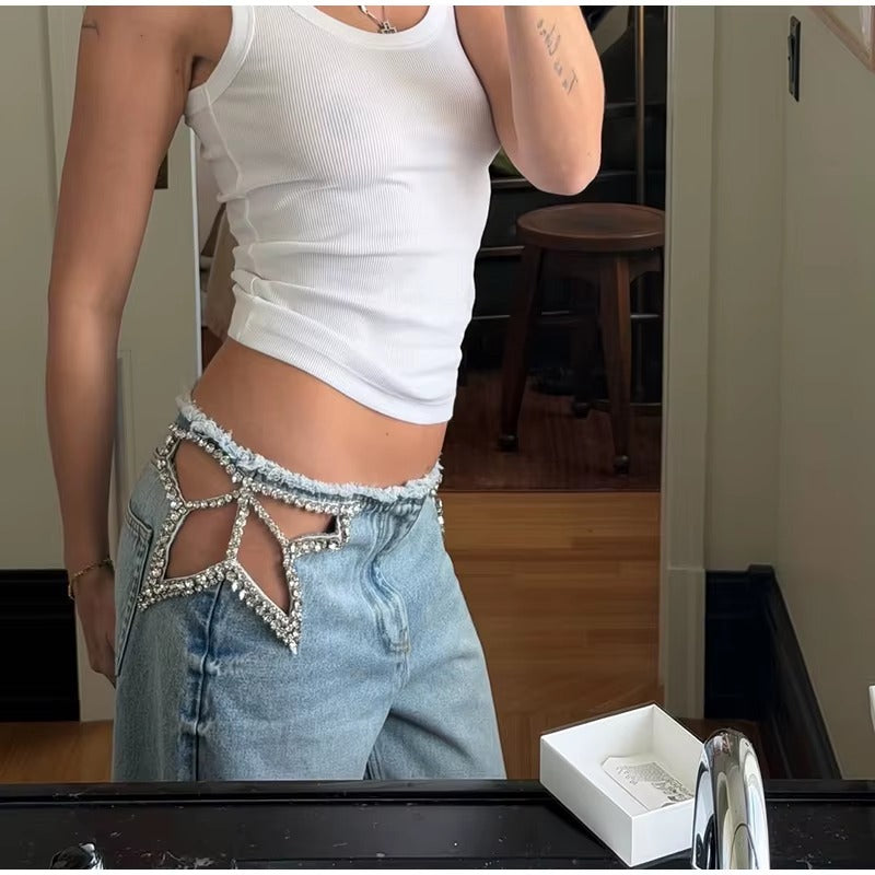 Jeans stella strass denim azzurro vita bassa vista ravvicinata | Dream Shop
