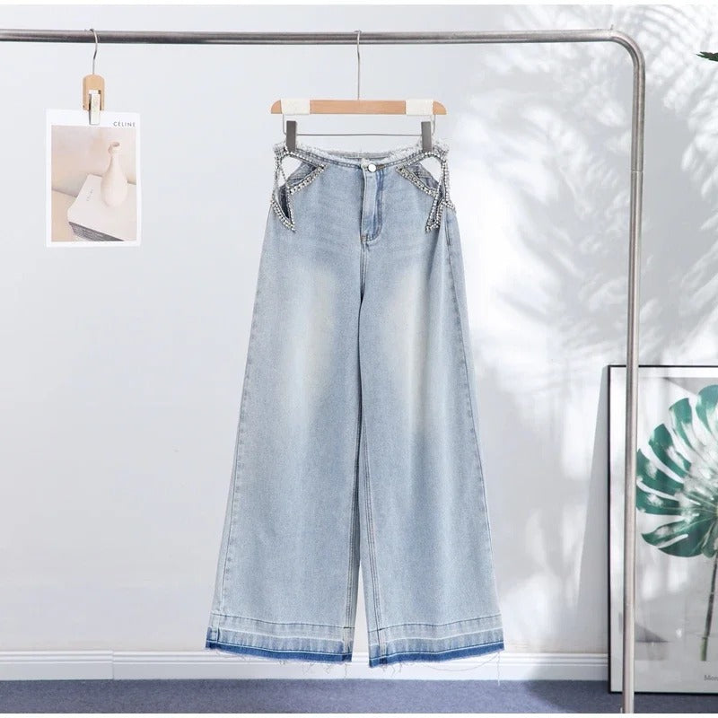 Jeans stella strass denim azzurro appeso vista frontale | Dream Shop