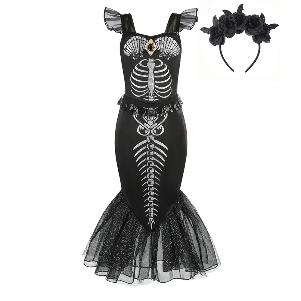 Costume sirena scheletro bambina 
Abito a coda nero Halloween