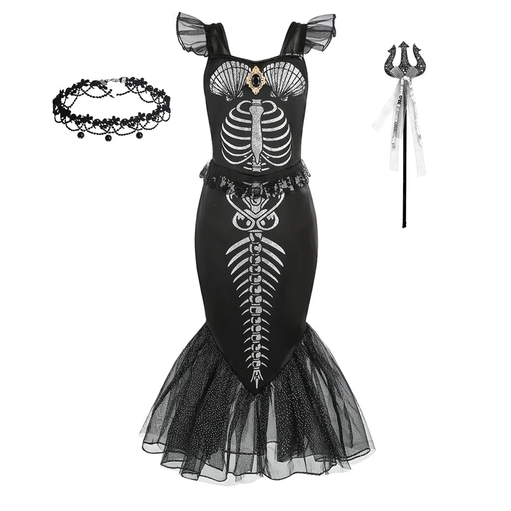 Costume sirena scheletro bambina 
Abito a coda nero Halloween