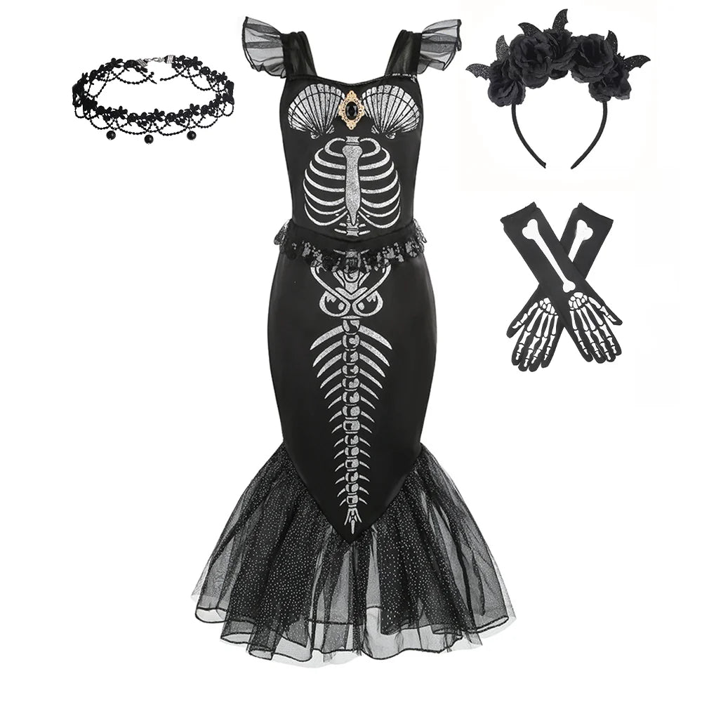 Costume sirena scheletro bambina 
Abito a coda nero Halloween