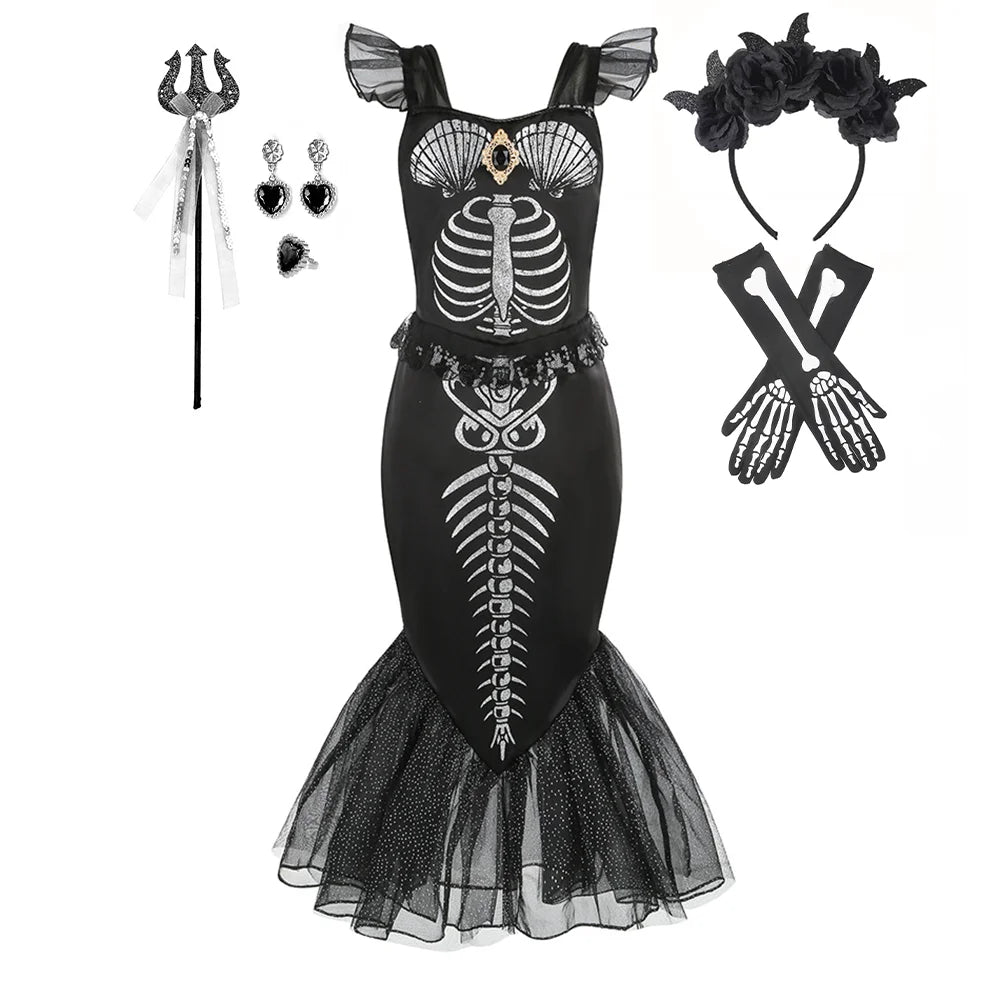 Costume sirena scheletro bambina 
Abito a coda nero Halloween