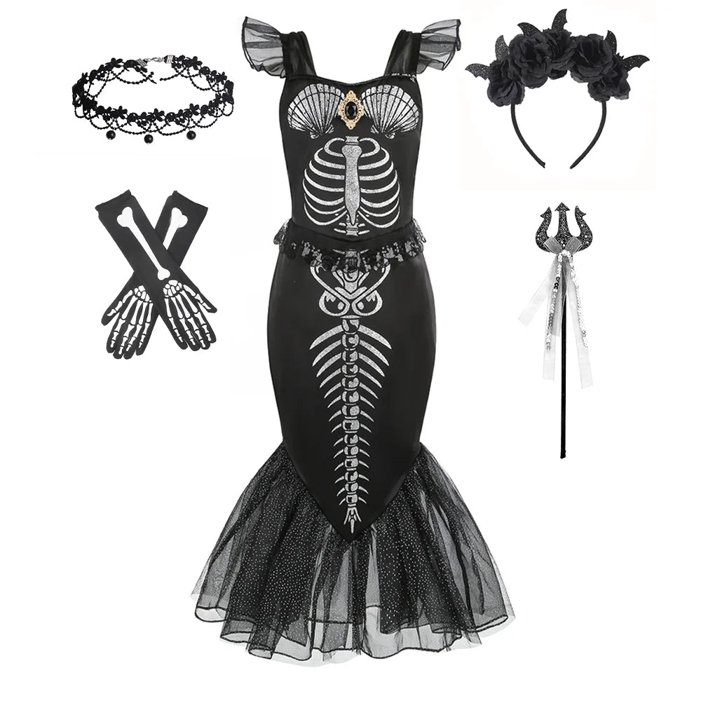 Costume sirena scheletro bambina 
Abito a coda nero Halloween