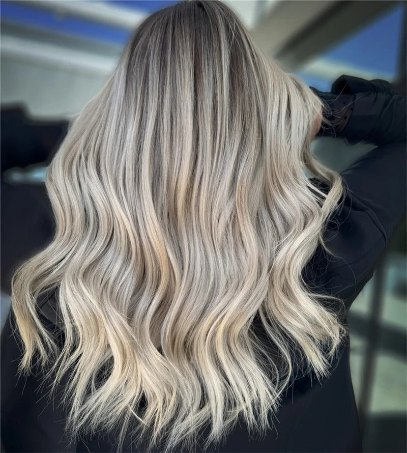 Parrucca balayage onde morbide balayage dorato onde lunghe vista posteriore | Dream Shop