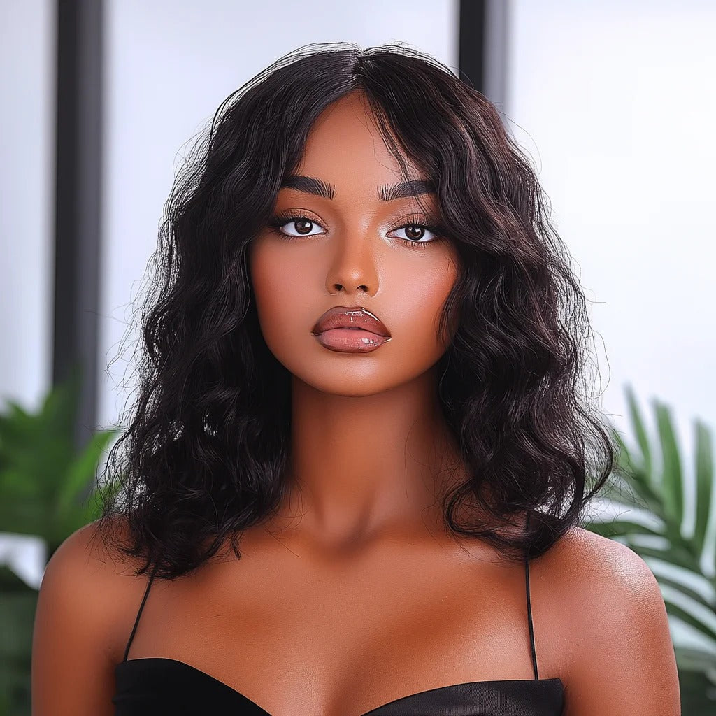 Beach wave human hair wig worn by model | Dream Shop