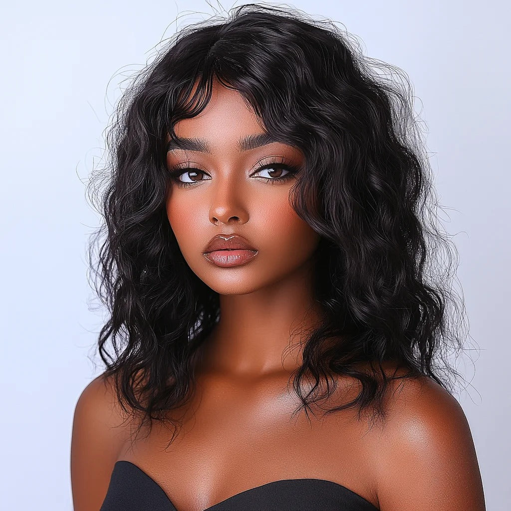 Beach wave human hair wig worn with bangs | Dream Shop