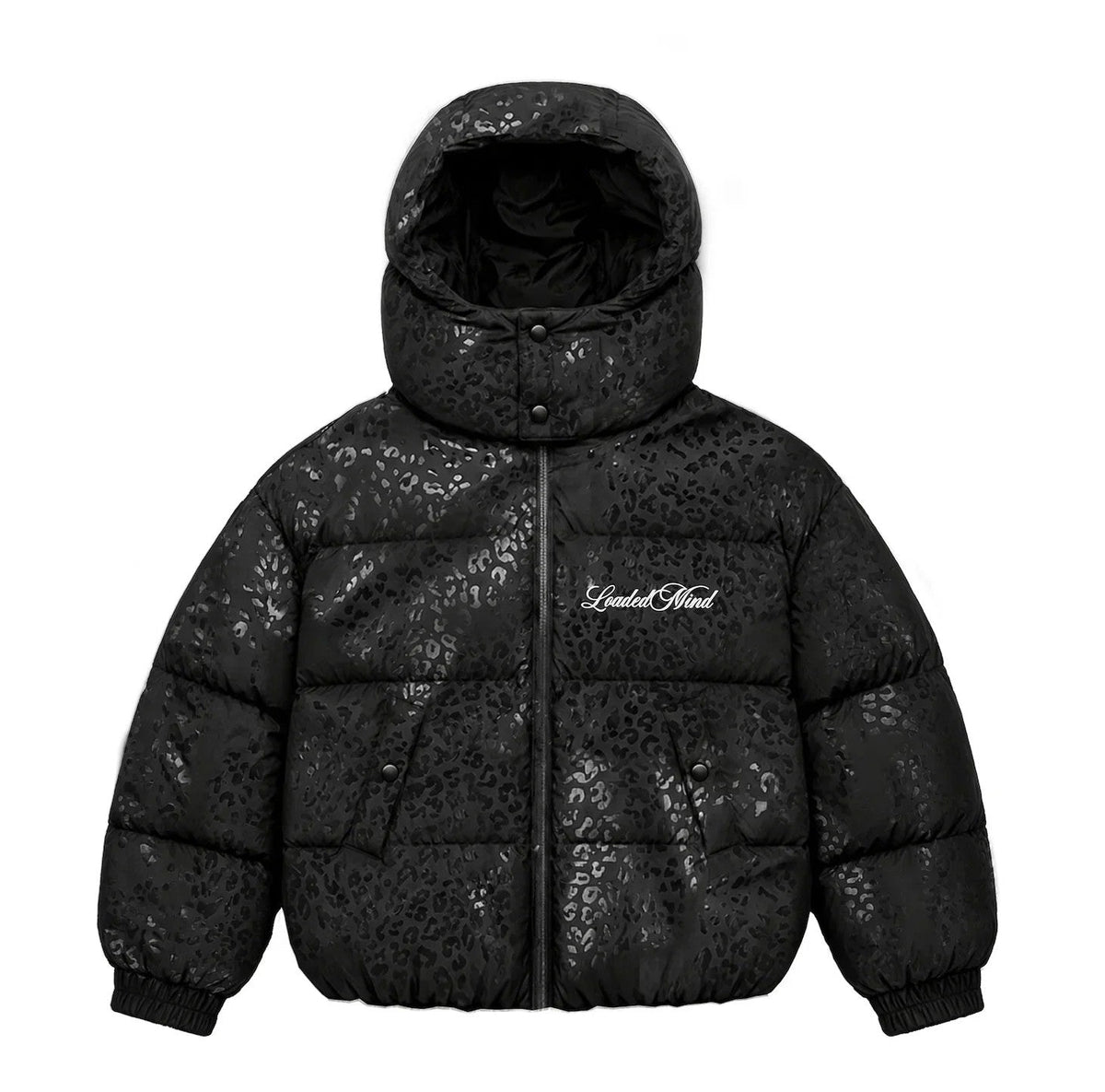 Piumino Magic Leopard colore nero leopardato vista frontale — Dream Shop
