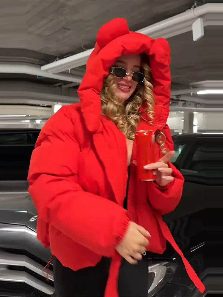 Piumino orecchie Savebla rosso con cintura annodata in vita — Dream Shop