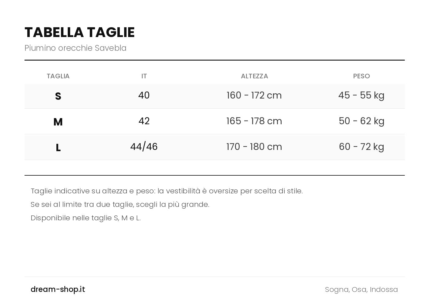 Tabella taglie Piumino orecchie Savebla, corrispondenze IT con altezza e peso — Dream Shop