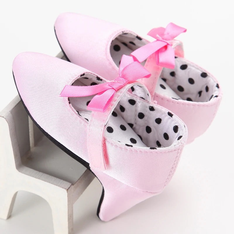 Scarpine neonata tacco rosa con fodera a pois | Dream Shop