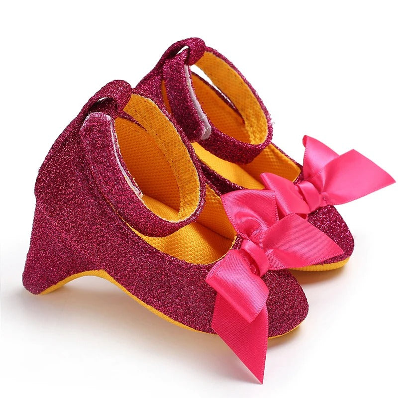 Scarpine neonata tacco bordeaux glitter con fiocco fucsia | Dream Shop