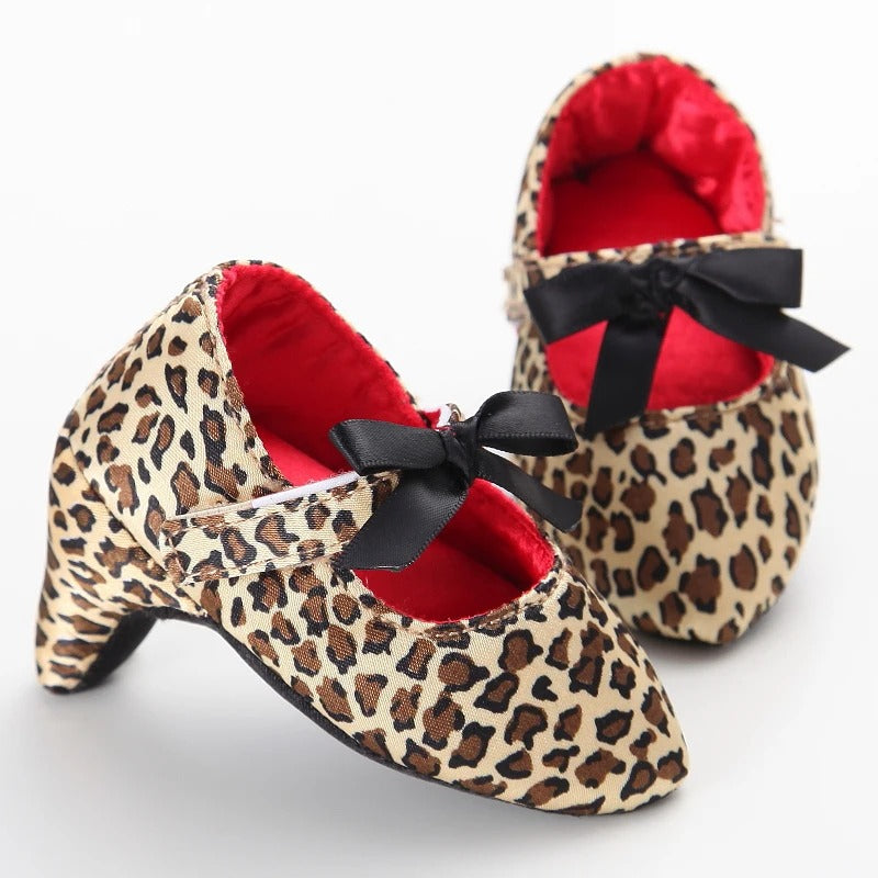 Scarpine neonata tacco leopardato con fiocco nero | Dream Shop