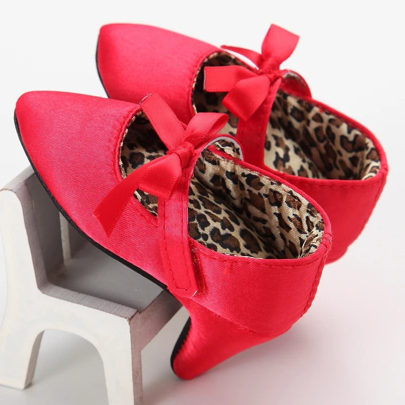 Scarpine neonata tacco rosse in raso con fiocco | Dream Shop