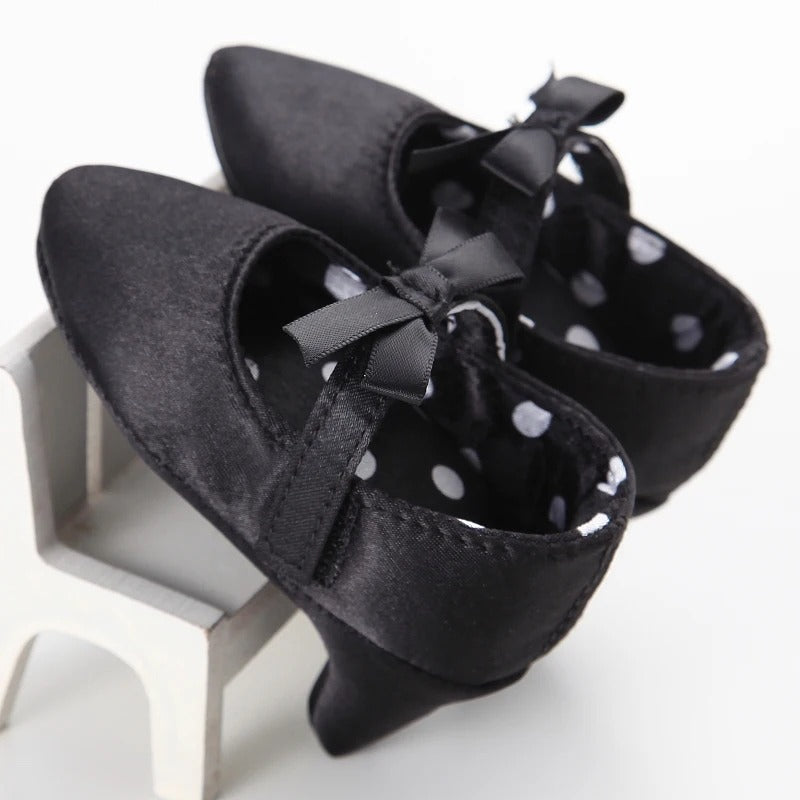 Scarpine neonata tacco nere con fiocco e fodera a pois | Dream Shop