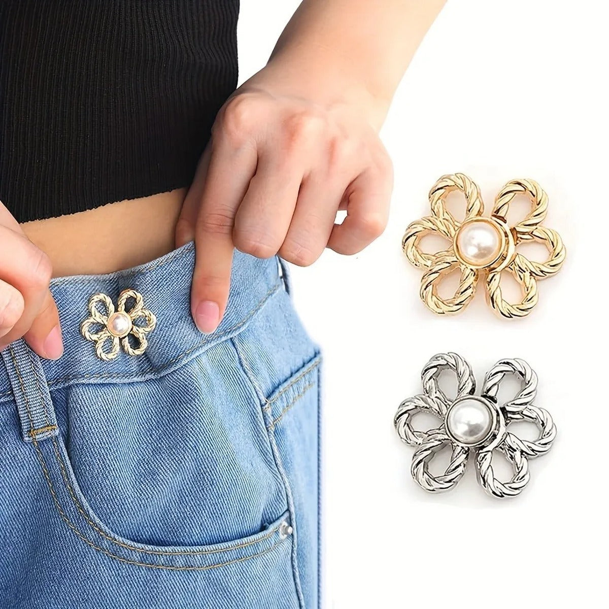 Set 4 clips stringi vita Fiore intrecciato — 2 coppie oro e 2 argento | Dream Shop