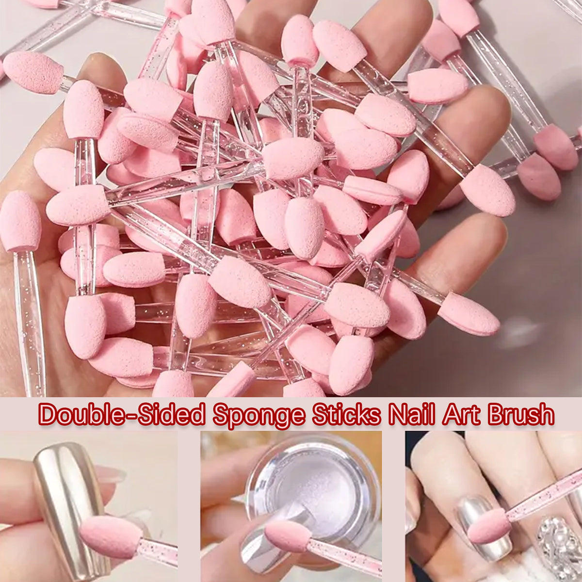 Dual tip nail art sponges pink with chrome powder on nails — Dream Shop
