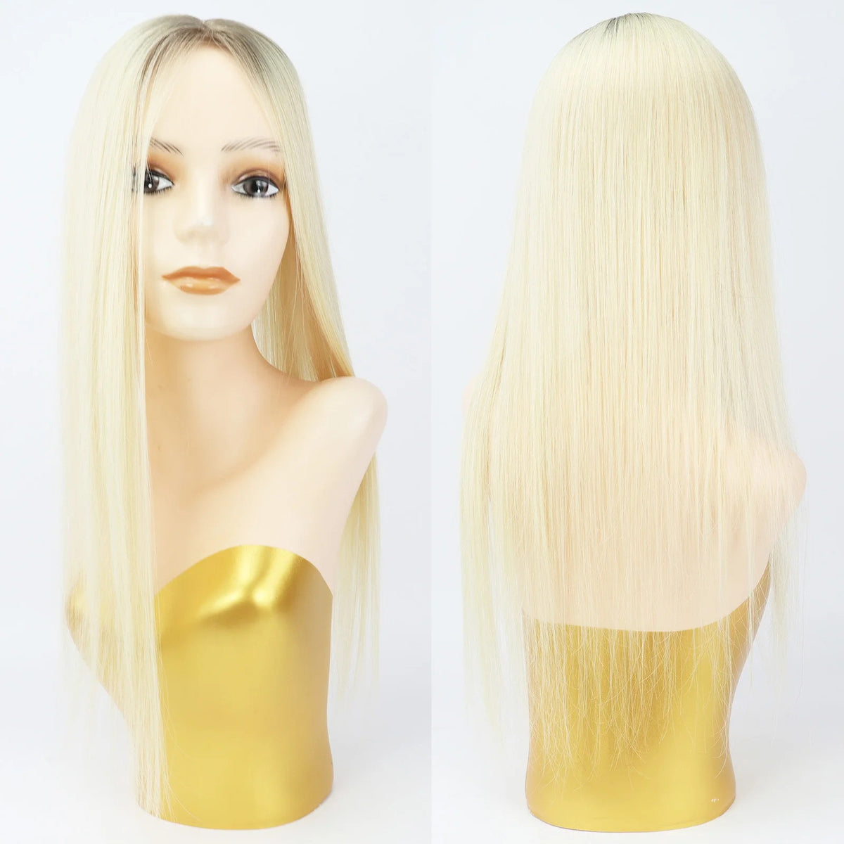 Long balayage human hair topper bangs comparison on mannequin | Dream Shop