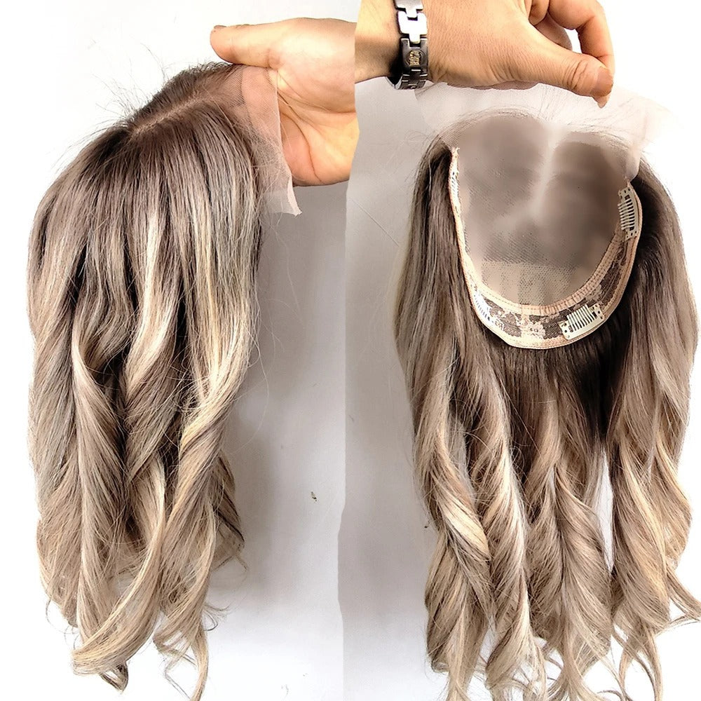 Topper boucles balayage dégradé vue de face et base en dentelle | Dream Shop
