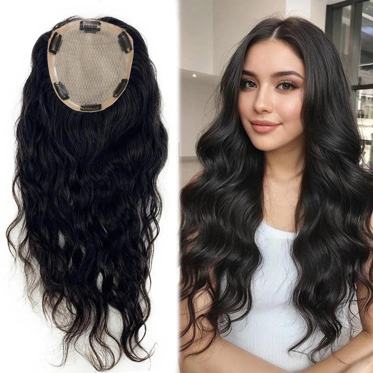 Long wavy human hair topper worn by model black wavy | Dream Shop