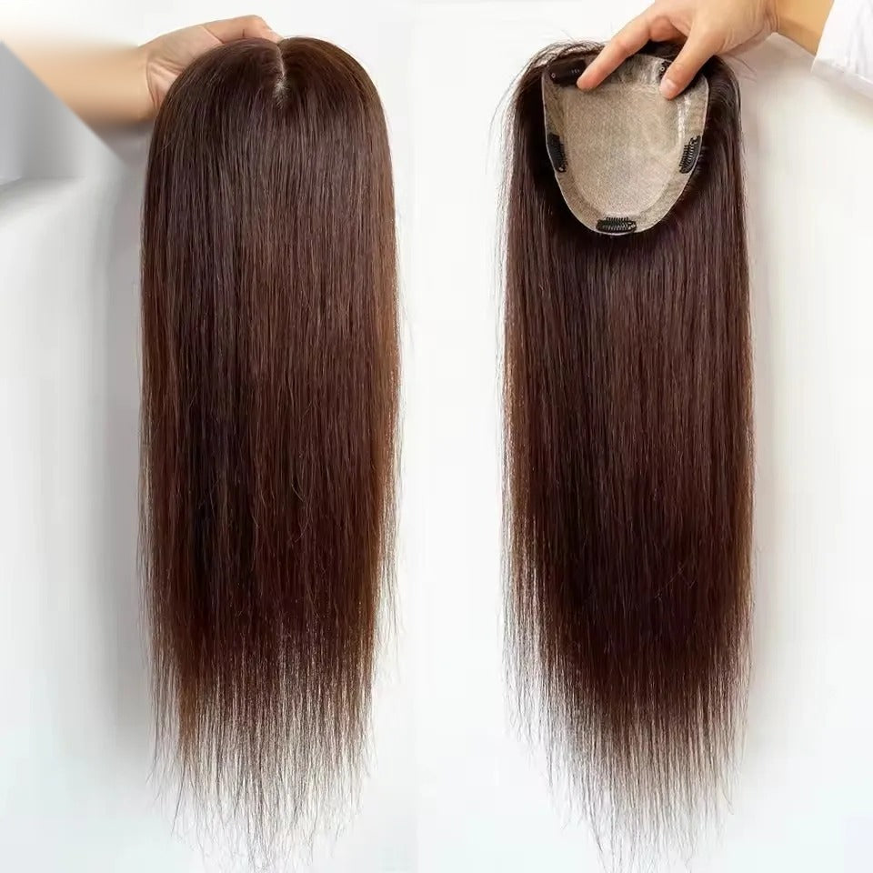Topper cheveux naturels longs ondulés face et dos châtain | Dream Shop